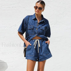 Casual Denim Shirt Pants Two Piece Set