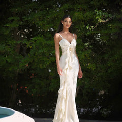Floral Ribbon Satin Slim Fit Strappy Maxi Dress