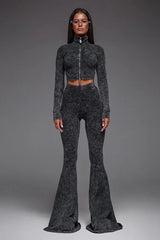 Sexy Zip Front Crop Top Flared Pants Set