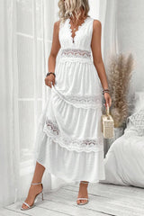 V Neck Lace Patchwork Sleeveless Boho Dress