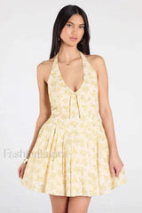 Spice Girl Deep V-Neck Backless Pleated Printed A-Line Mini Dress