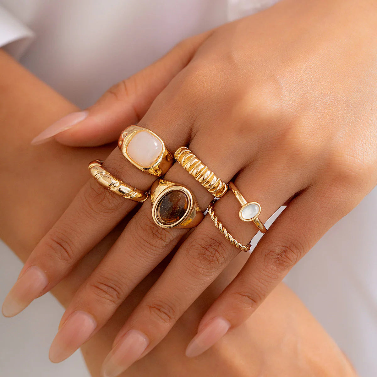6-Piece Irregular Gemstone Metal Ring Set