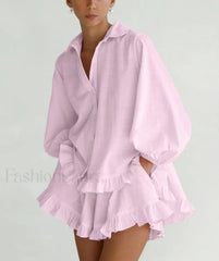 Loose Pink Stripe Shirt High Waist Ruffle Shorts Two Piece Set