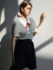 Polo Neck Stripe Contrasting Color T-Shirt