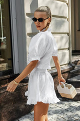 Stand Collar Puff Sleeve Ruffle Shorts Set