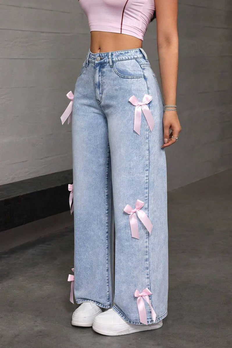 Y2K Bow Applique Washed Relaxed Jeans
