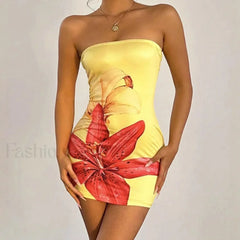 Floral Tube Top Waist Slim Beach Mini Dress