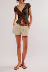 Button Short Sleeve Ribbed Cardigan