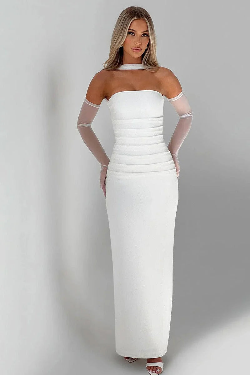 Sheer Sleeve Bustier Gown Formal Dress