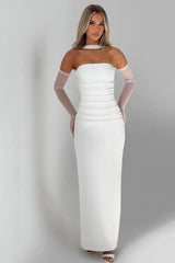 Sheer Sleeve Bustier Gown Formal Dress