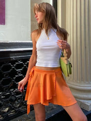 Orange Satin Asymmetrical Lace Up Skirt