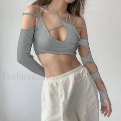 Punk Y2K Gothic Slim Fit Hollow Out Long Sleeve T-shirt Crop Top