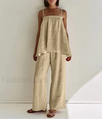 Loose Khaki Cotton Tank Pants Two Piece Set