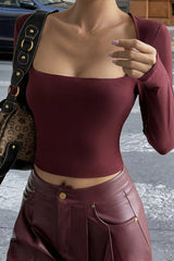 Solid Square Neck Cropped Long Sleeve Tee