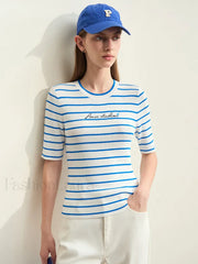 Striped Embroidered Knit T-Shirt