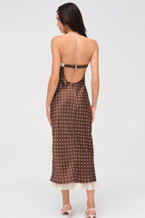 Satin Polka Dot Strapless Backless Maxi Dress