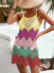 Contrast Color Sleeveless Hollow Cover Up