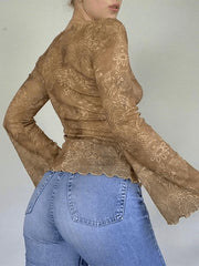 Mesh Lace Up Printed Blouse