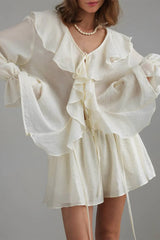 V Neck Ruffle Tie Front Blouse Shorts Set