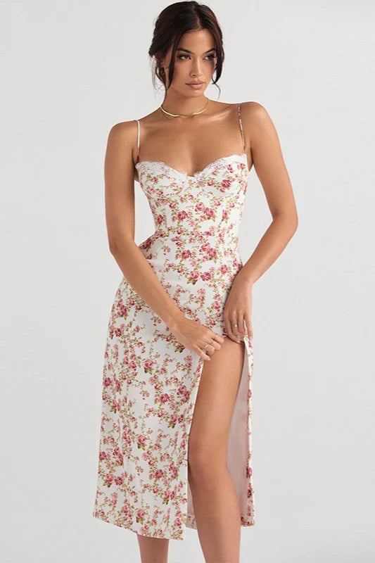 Lace Strap Slit Slim Maxi Floral Dress