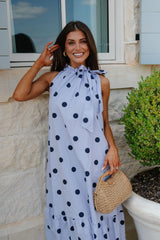 Ruffle Neck Midi Dress-Navy Polka Dot