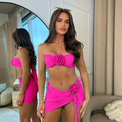 Red Lace-Up Push-Up Bikini Three Piece Set