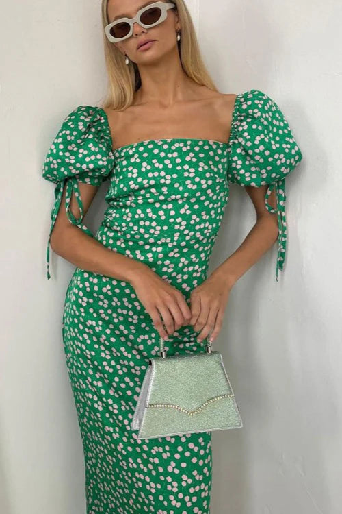 Off Shoulder Puff Sleeve Slim Floral Dress
