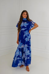 Dime Floral Organza Mockneck Maxi Dress-Navy Blue