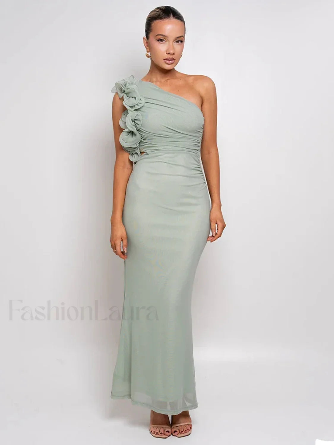 Mesh Ruched Oblique Maxi Dress