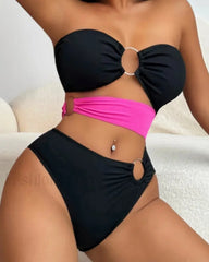 Patchwork Bandeau Hollow Bikini Set