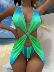 Striped Lace Mesh Bikini Three Piece Set