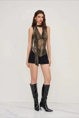 Sheer Mesh Print Ribbon Tie Halter Top