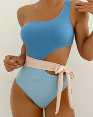 Patchwork One Shoulder Hollow One Piece