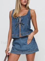 Denim Tie-Up Front Top Mini Skirt Two Piece Set