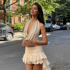 V Neck Crop Top Skirt Two Piece Set