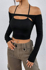 Off Shoulder Cut Out Bodycon Long Sleeve Tee