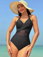 Mesh Spliced Lace Up Backless One Piece
