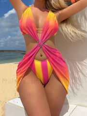 Tie-Dye Striped Dress Bikini Three Piece Set