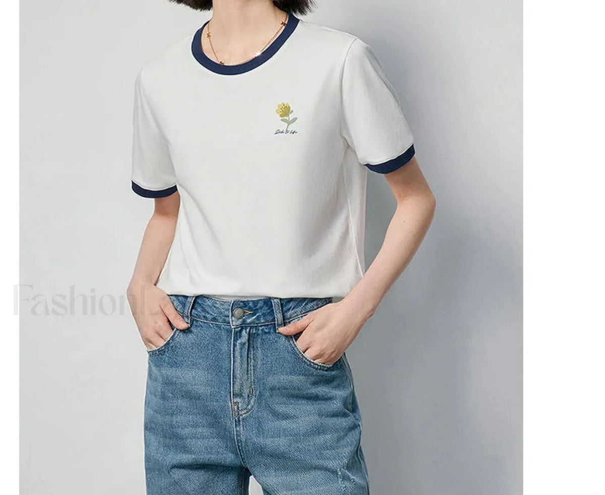 Flower Printed Contrast Pullover T-Shirt