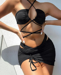 Lace-Up Wrap Skirt Three Piece Set
