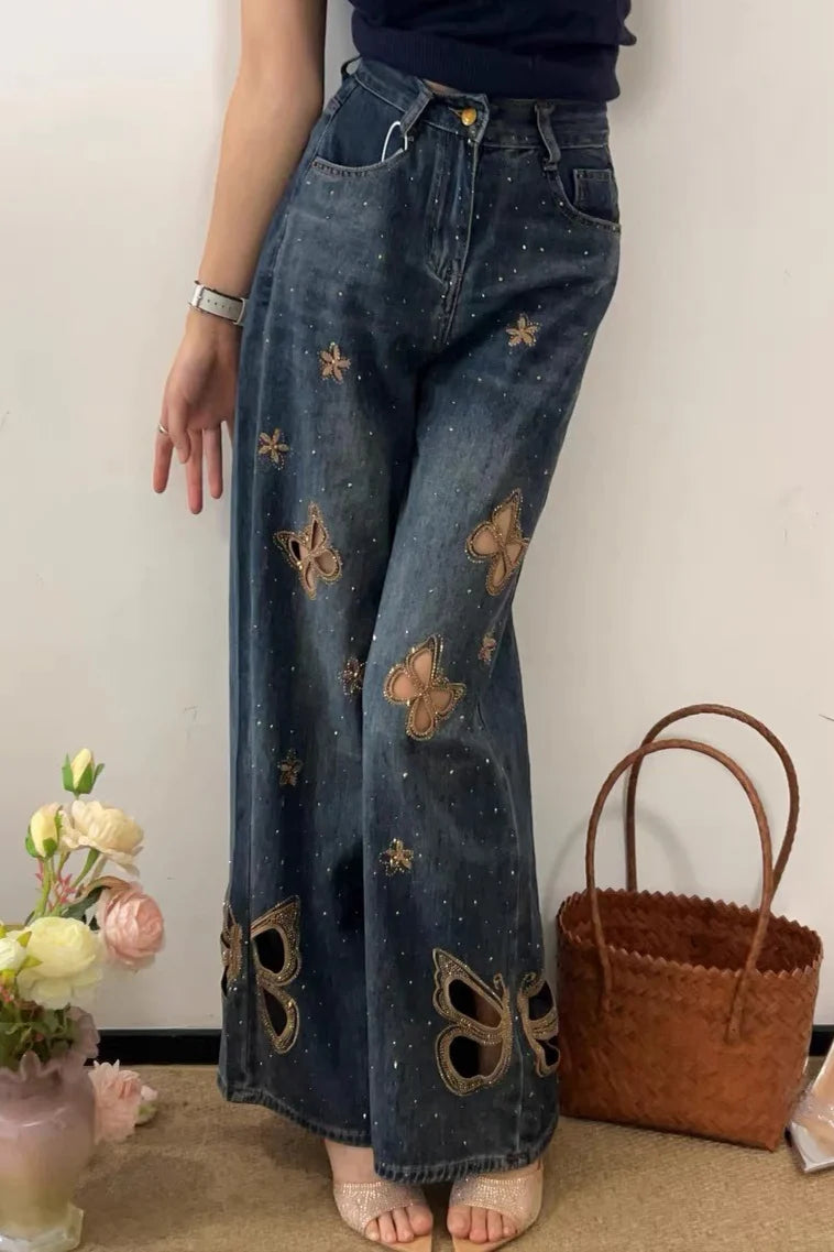 Heavy Embroidery Rhinestone Cutout High Waist Jeans