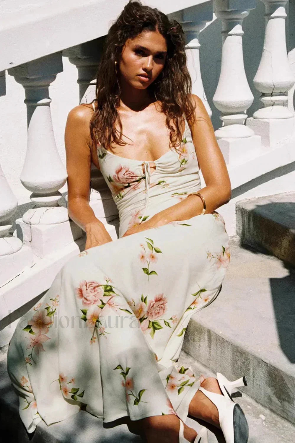 V-Neck Lace-Up Floral Retro Fishtail Dress Pure Desire Maxi Style