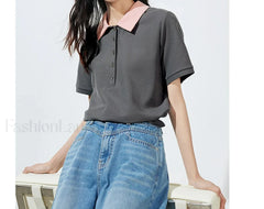 Contrast Polo Collar Pearl Pullover T-Shirt
