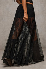 Lace Print Sheer Low Waist Maxi Boho Skirt