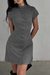 Solid Buttoned High Collar Bodycon A-Line Work Dress