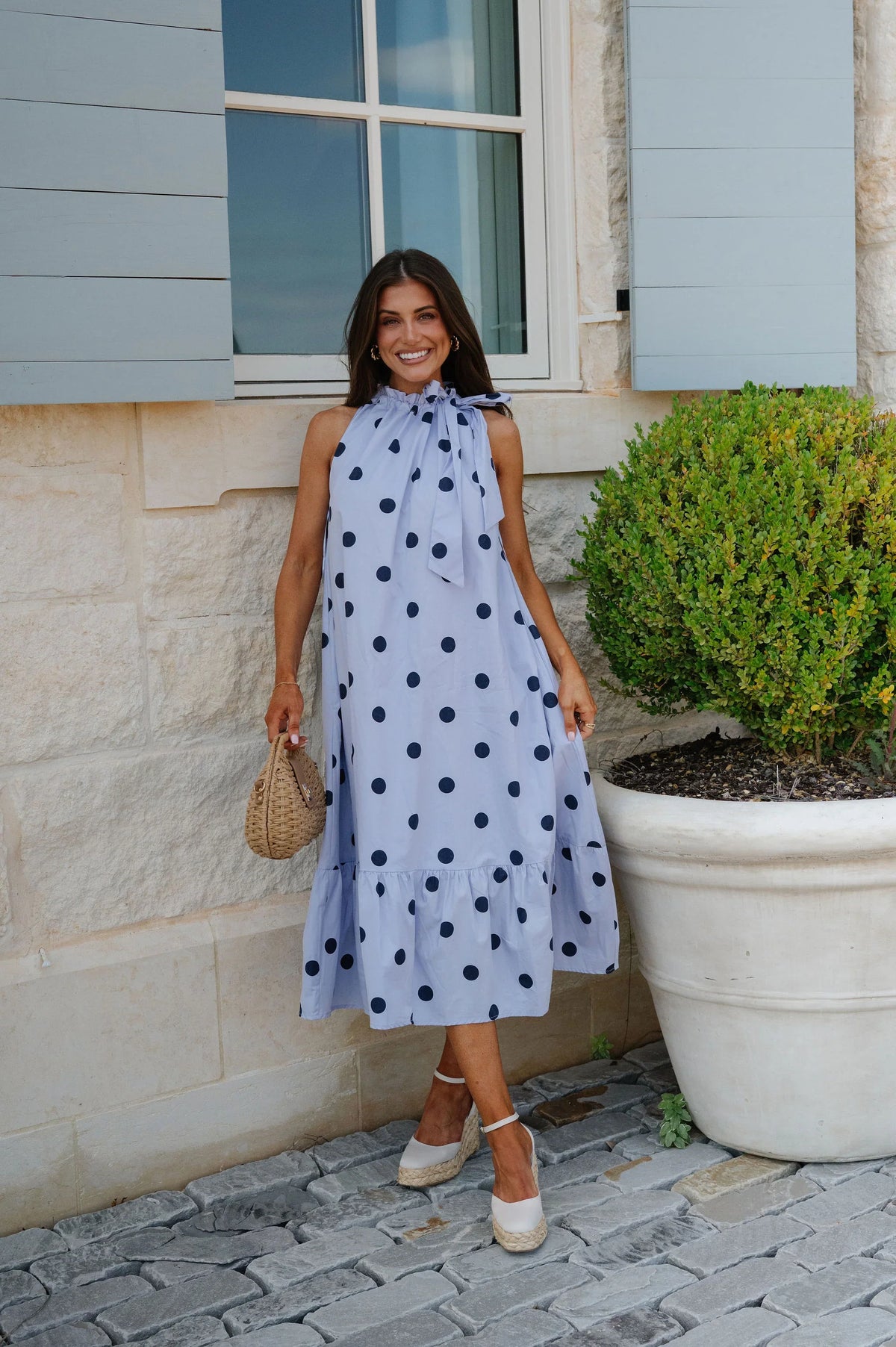 Ruffle Neck Midi Dress-Navy Polka Dot