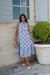 Ruffle Neck Midi Dress-Navy Polka Dot