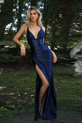 Satin V-Neck Waist Split Halter Suspender Maxi Dress