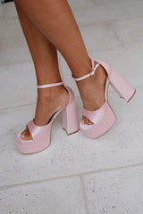 Chunky Satin Platform Heels-Pink