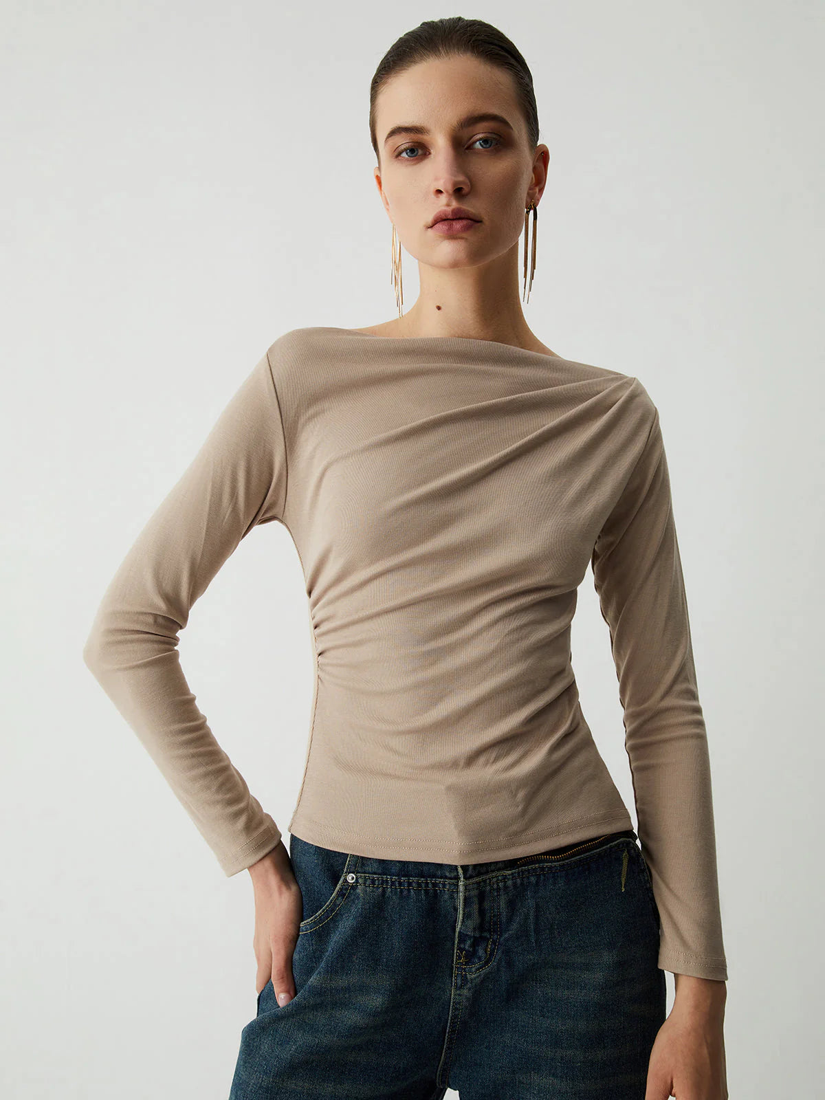 Oatmeal Ruched Graceful Long Sleeve Top